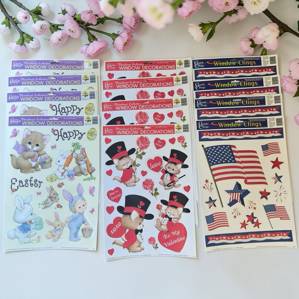 Vintage 90s Window Clings Lot of 12 Easter Valentines 4th of July Holiday Decor